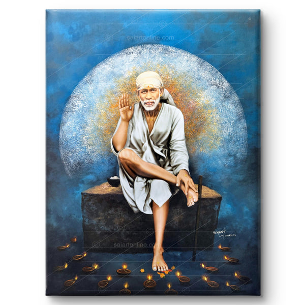 Saibaba Ashirwad Stone Canvas Print, Blue Moon Hemant Art
