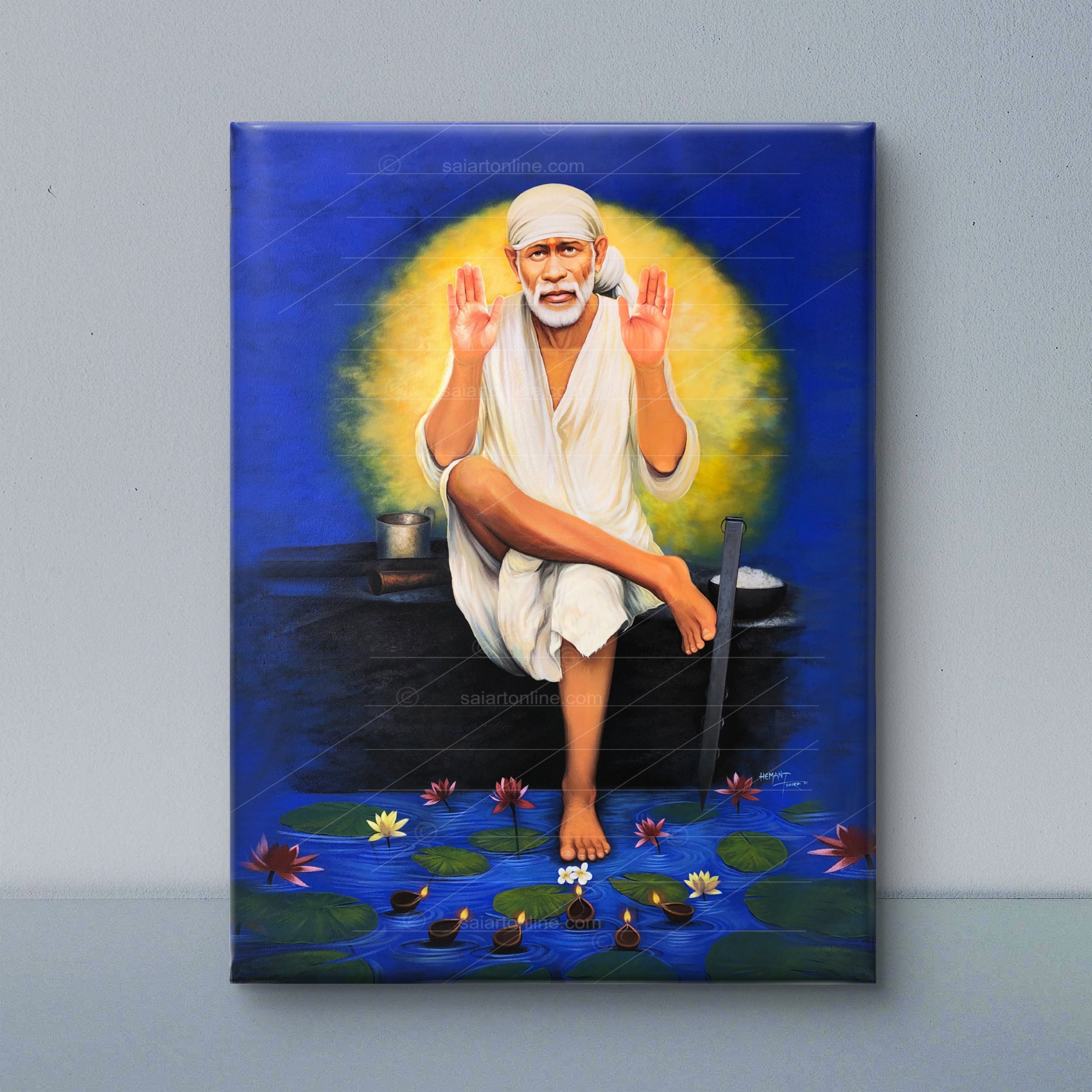 Saibaba Two-Hand Blessing Canvas, Blue Moon Hemant Art