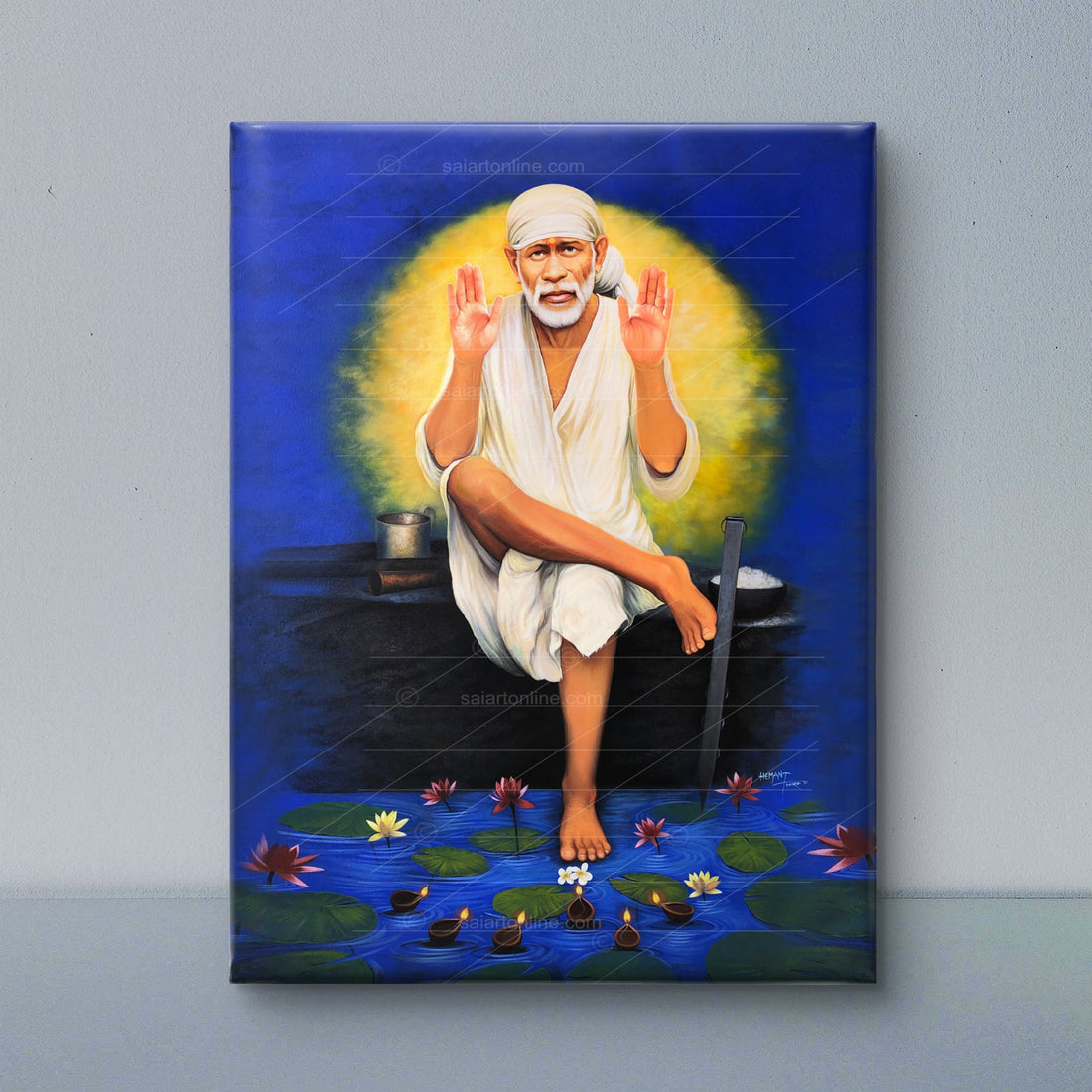 Saibaba Two-Hand Blessing Canvas, Blue Moon Hemant Art