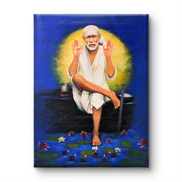 Saibaba Two-Hand Blessing Canvas, Blue Moon Hemant Art