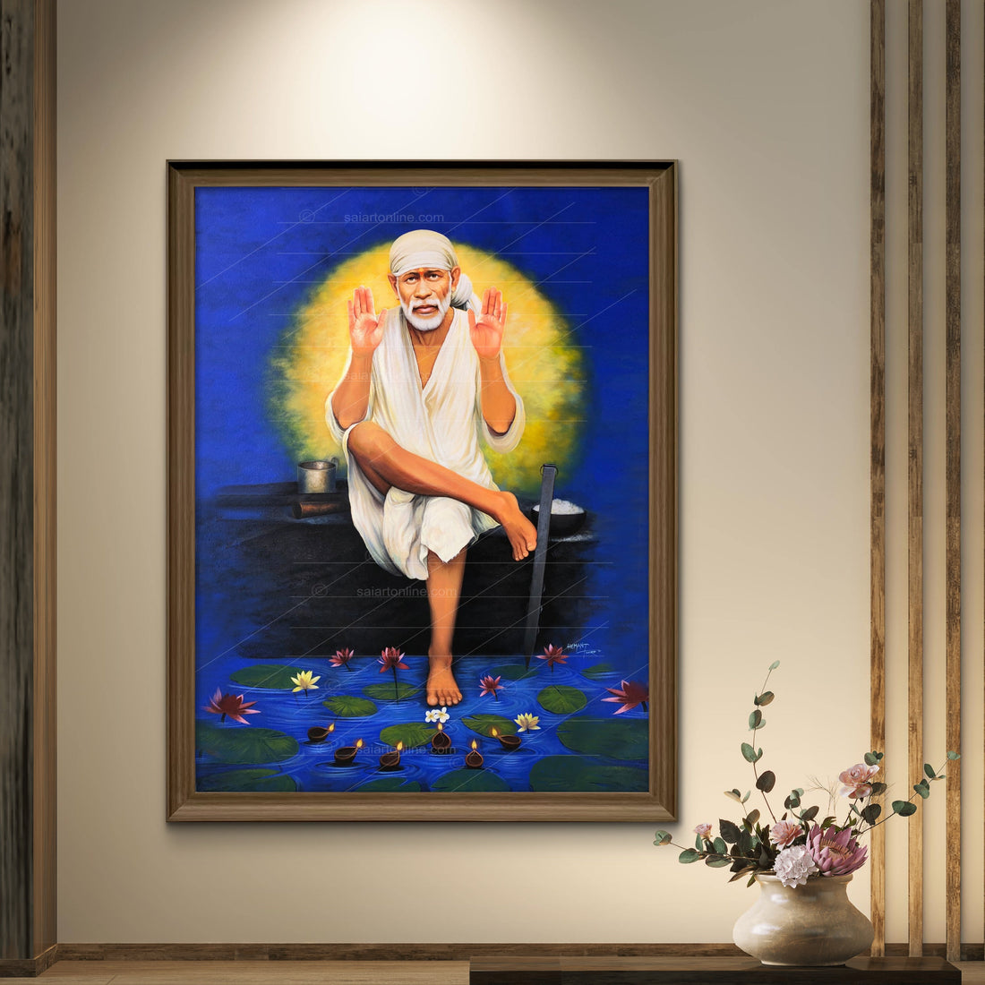 Saibaba Two-Hand Blessing Canvas, Blue Moon Hemant Art