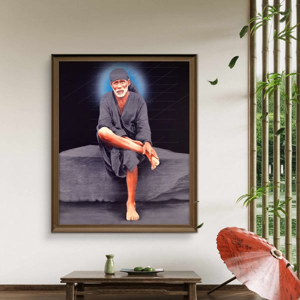 Saibaba on Grey Stone Canvas Print Hemant Art