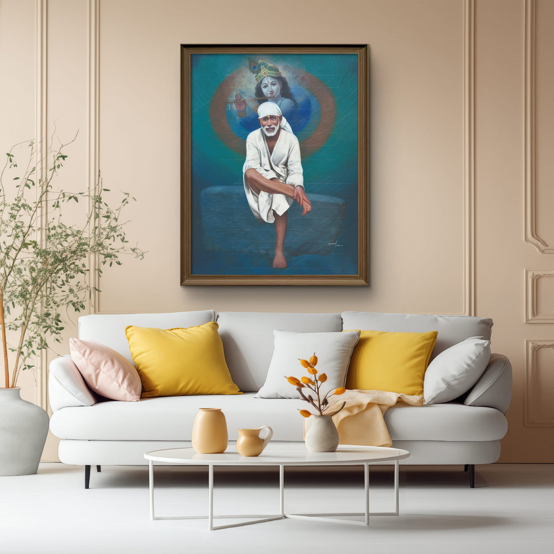 Saibaba & Krishna Stone Canvas Print Hemant Art