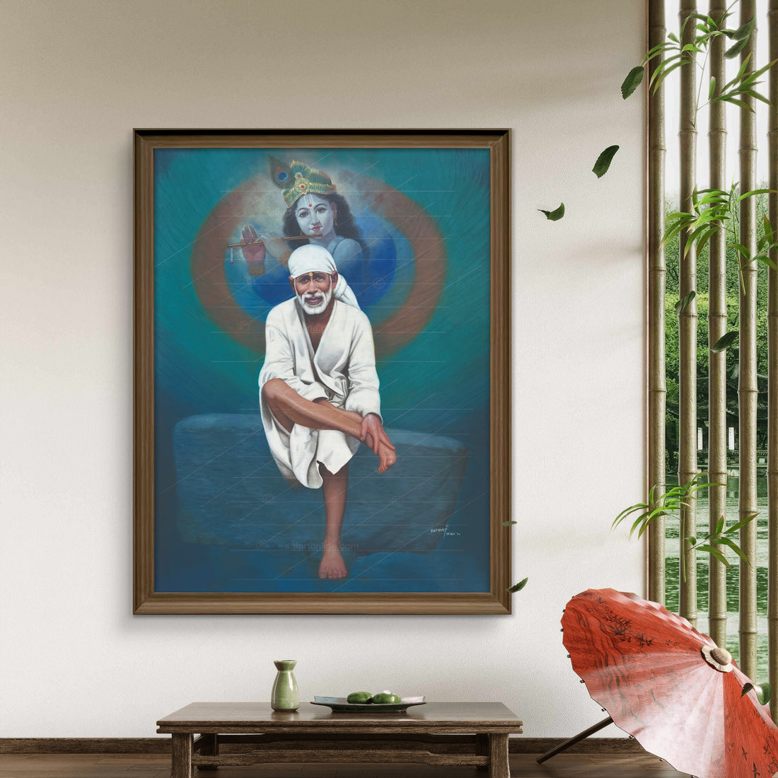 Saibaba & Krishna Stone Canvas Print Hemant Art