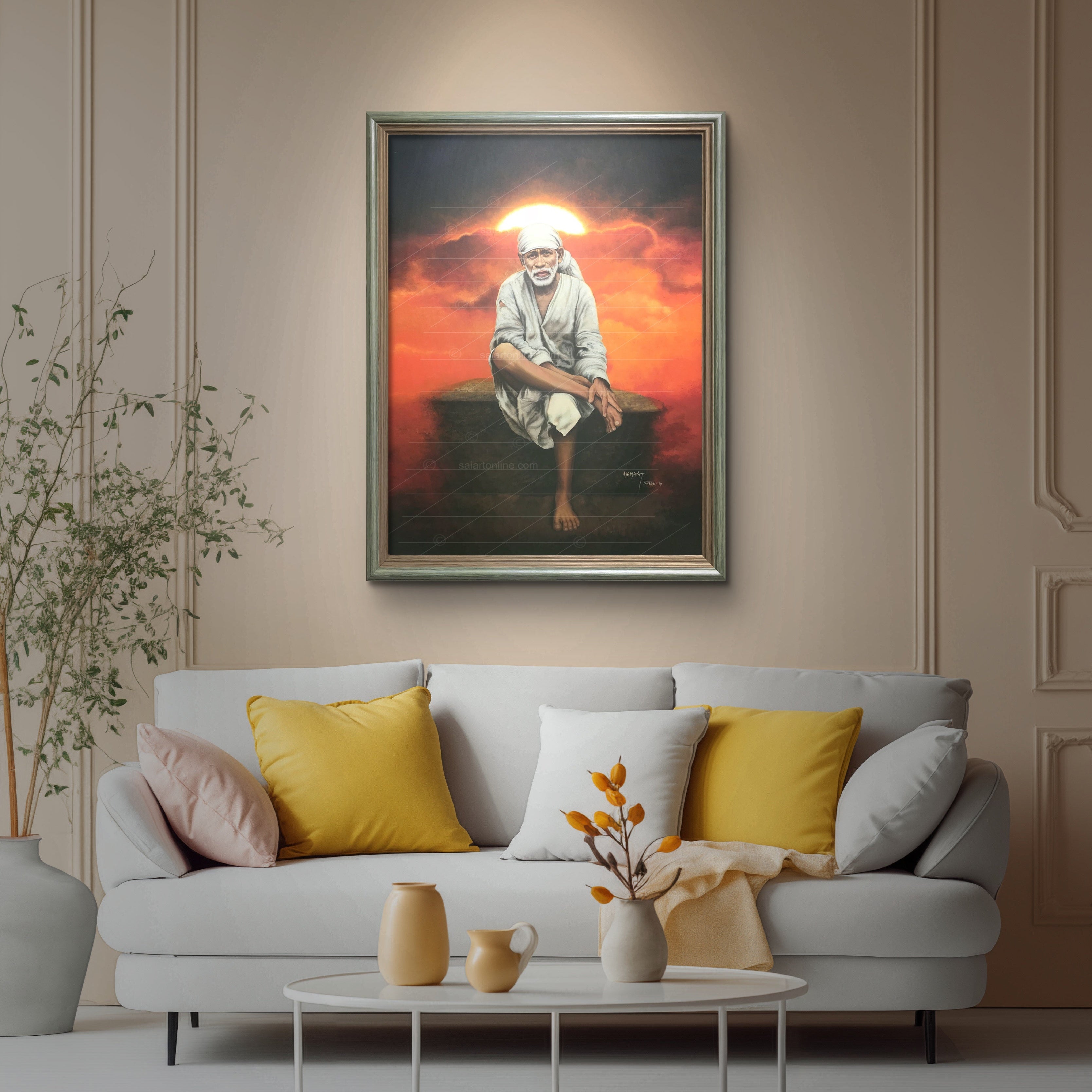 Saibaba on Stone Canvas Print, Orange Sky Hemant Art