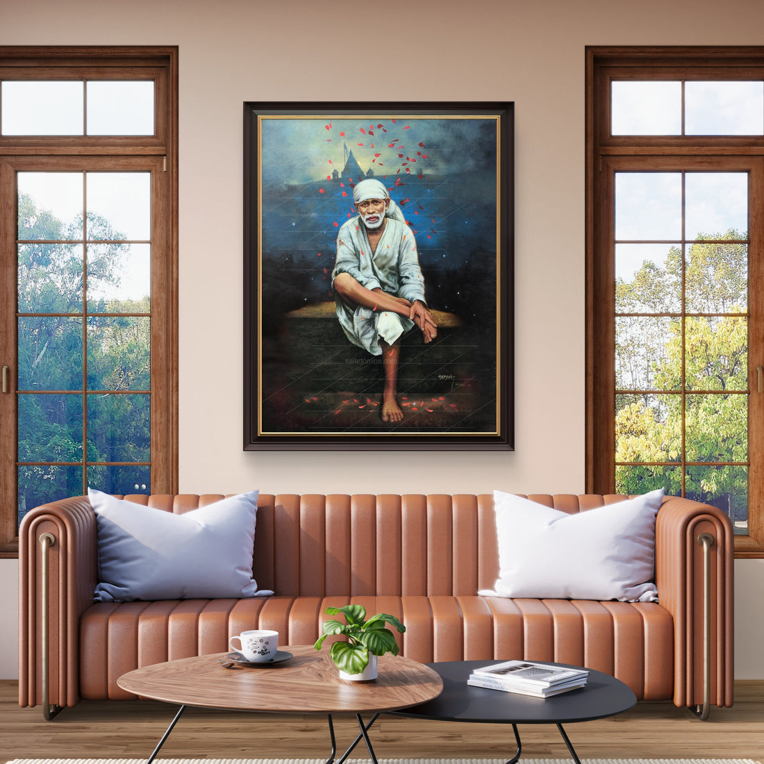Saibaba on Stone Canvas Print, Rose Shower Hemant Art
