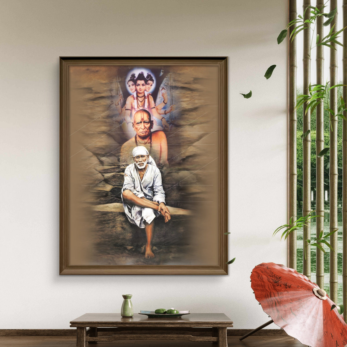 Sai Baba Original Photo Sitting on Stone Canvas Print | Swami+Datta+Sai Stone Canvas Hemant Art