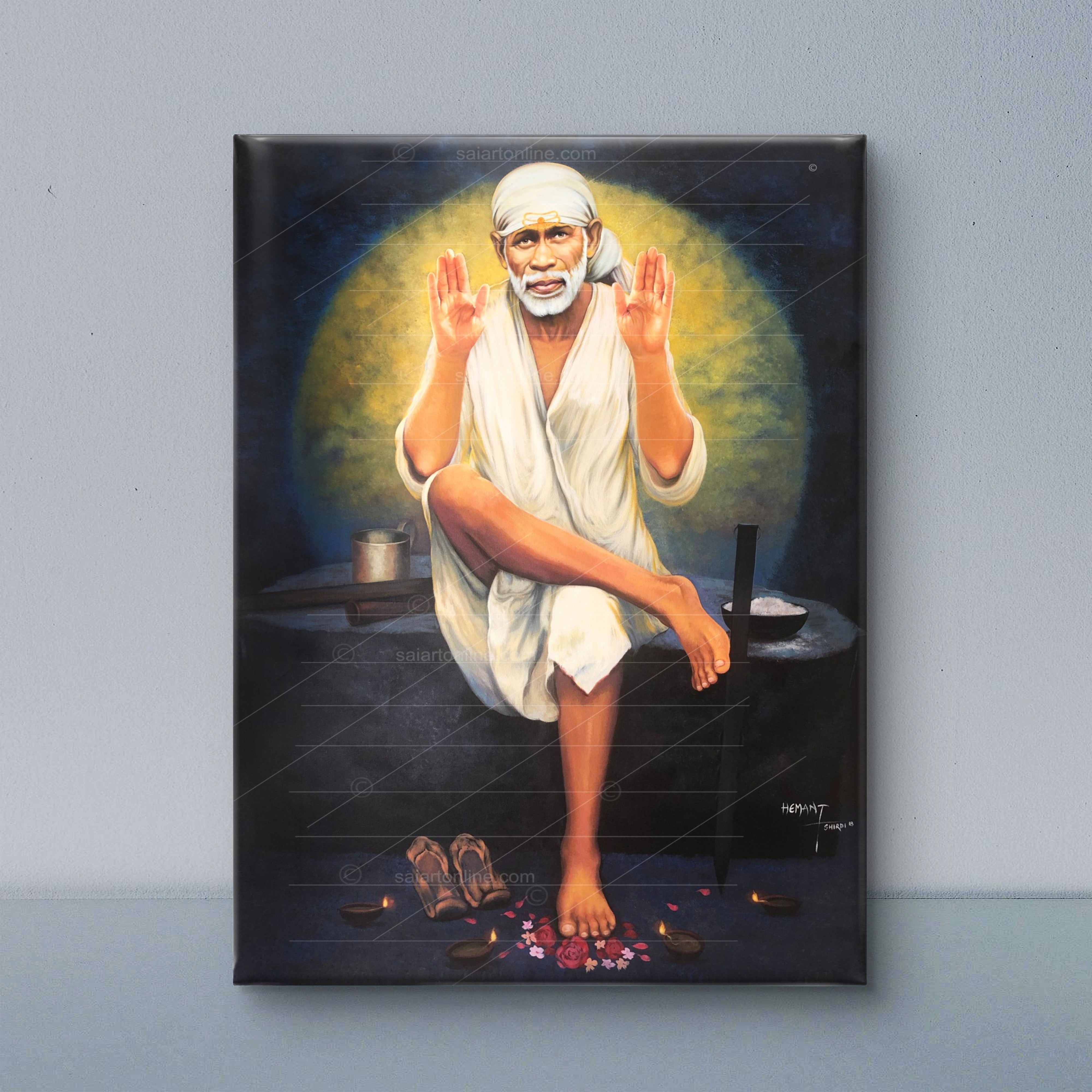 Saibaba Two-Hand Blessing Canvas, Yellow Moon Hemant Art