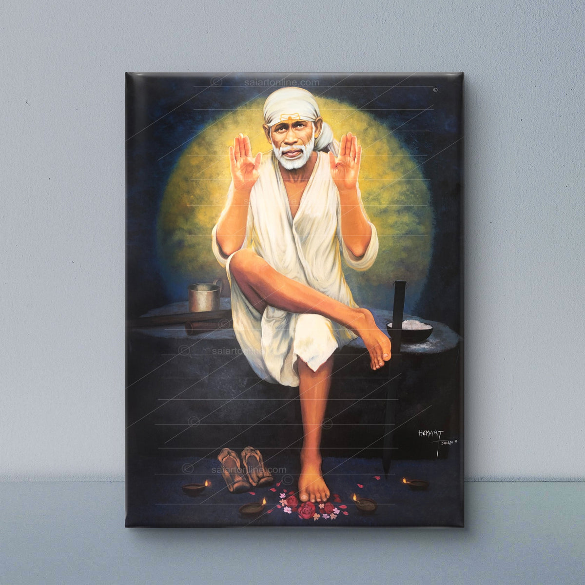 Saibaba Two-Hand Blessing Canvas, Yellow Moon Hemant Art