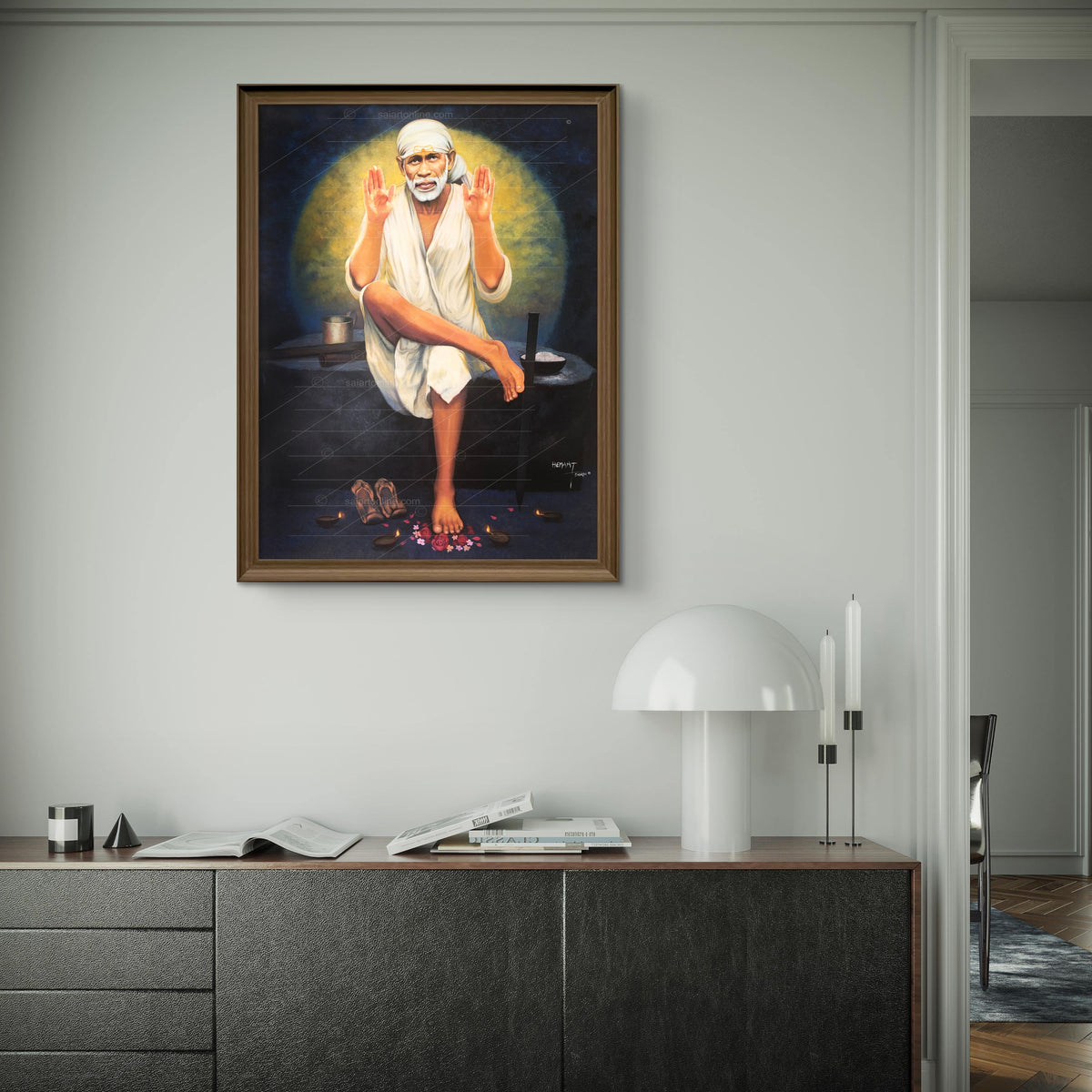 Saibaba Two-Hand Blessing Canvas, Yellow Moon Hemant Art