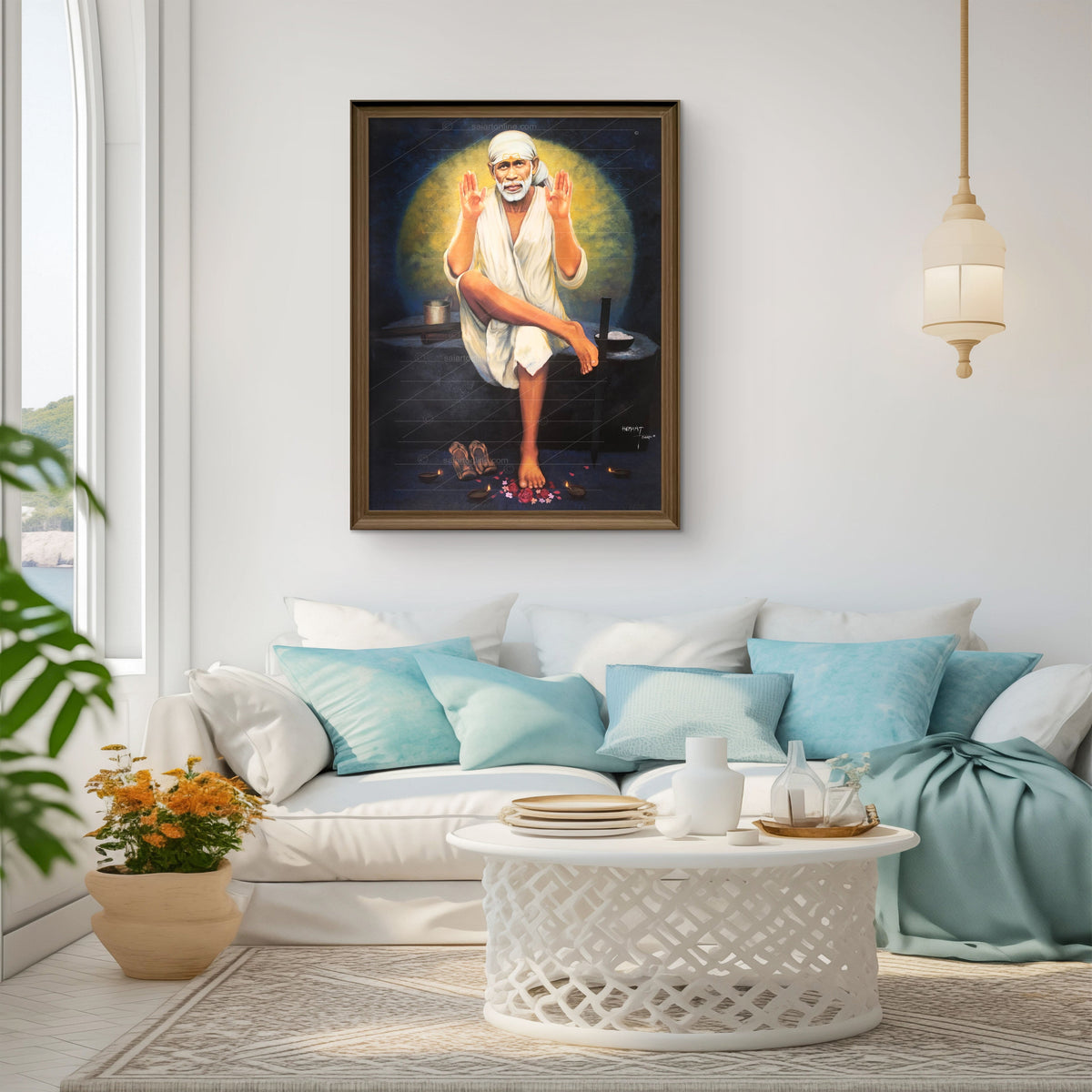 Saibaba Two-Hand Blessing Canvas, Yellow Moon Hemant Art