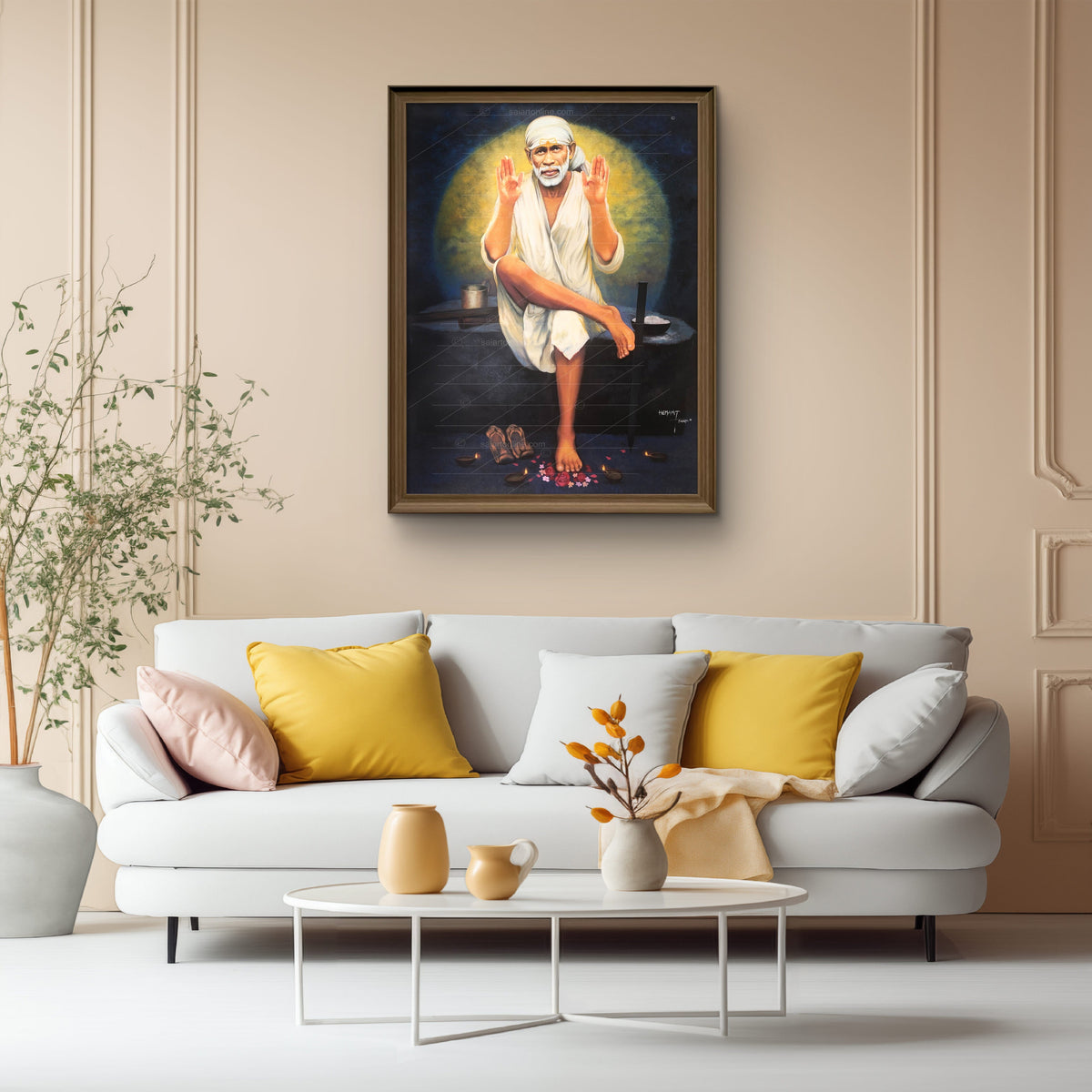 Saibaba Two-Hand Blessing Canvas, Yellow Moon Hemant Art