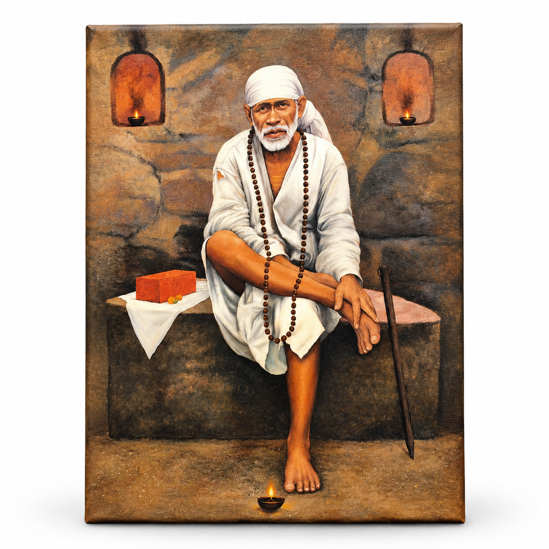Shirdi Sai Baba Original Photo Sitting on Stone Canvas Reprint | Hemant Art
