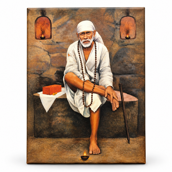 Shirdi Sai Baba Original Photo Sitting on Stone Canvas Reprint | Hemant Art