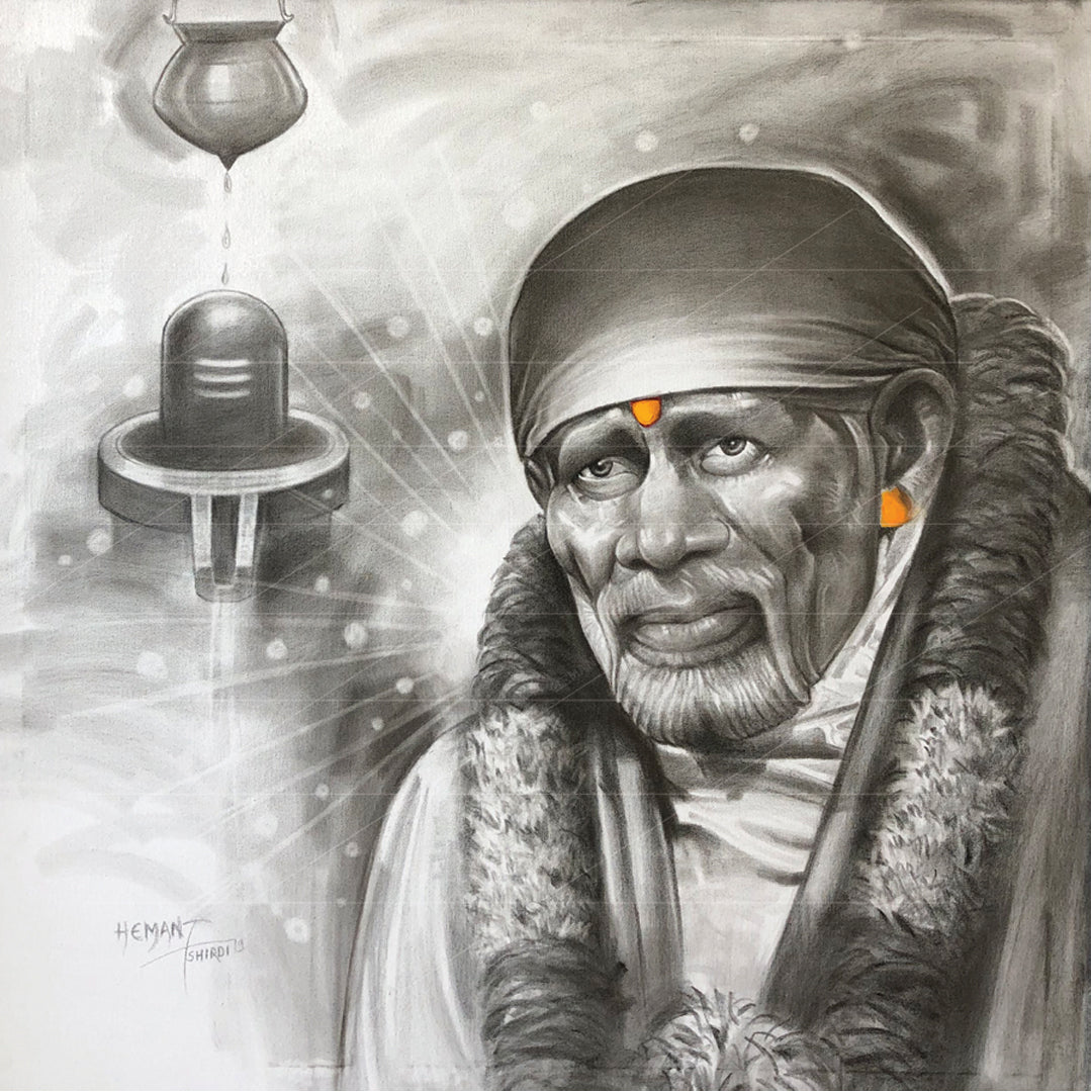 Shirdi Sai Baba Pencil Sketch on Board - Pind With Baba