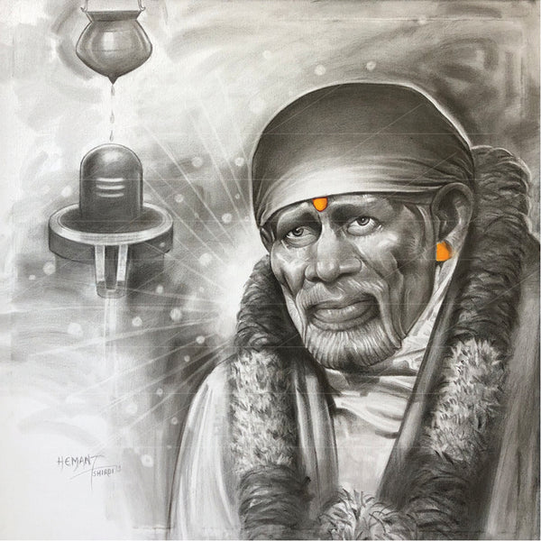 Shirdi Sai Baba Pencil Sketch on Board - Pind With Baba
