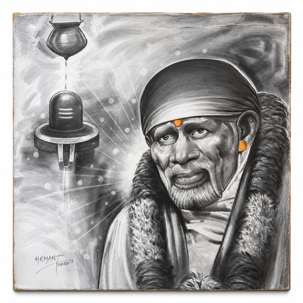 Shirdi Sai Baba Pencil Sketch on Board - Pind With Baba
