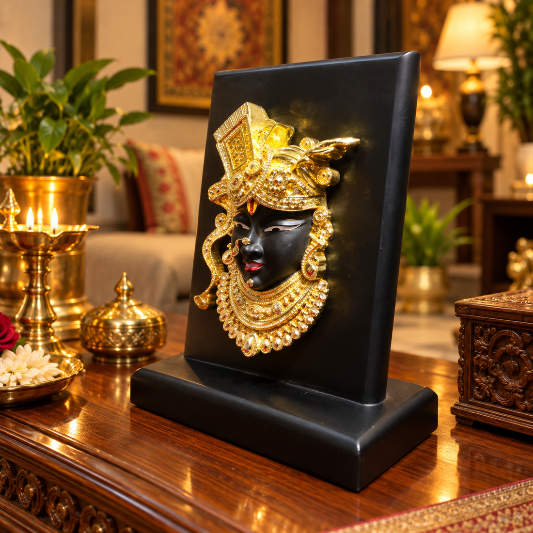 Shreenath ji Gold Face Wooden Stand Idol
