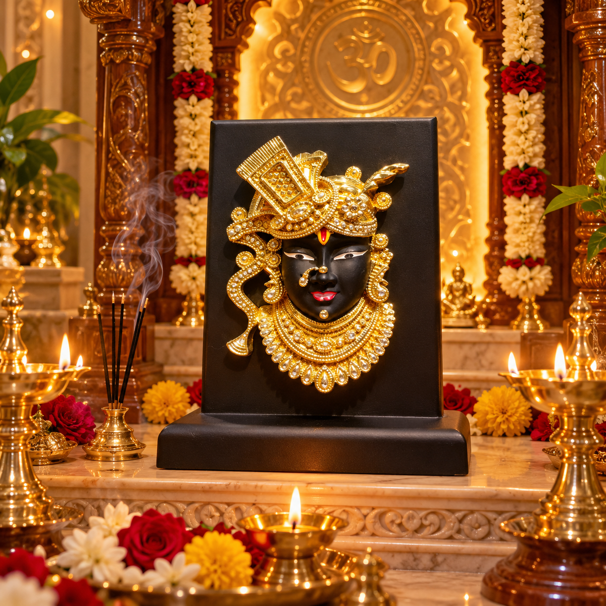 Shreenath ji Gold Face Wooden Stand Idol