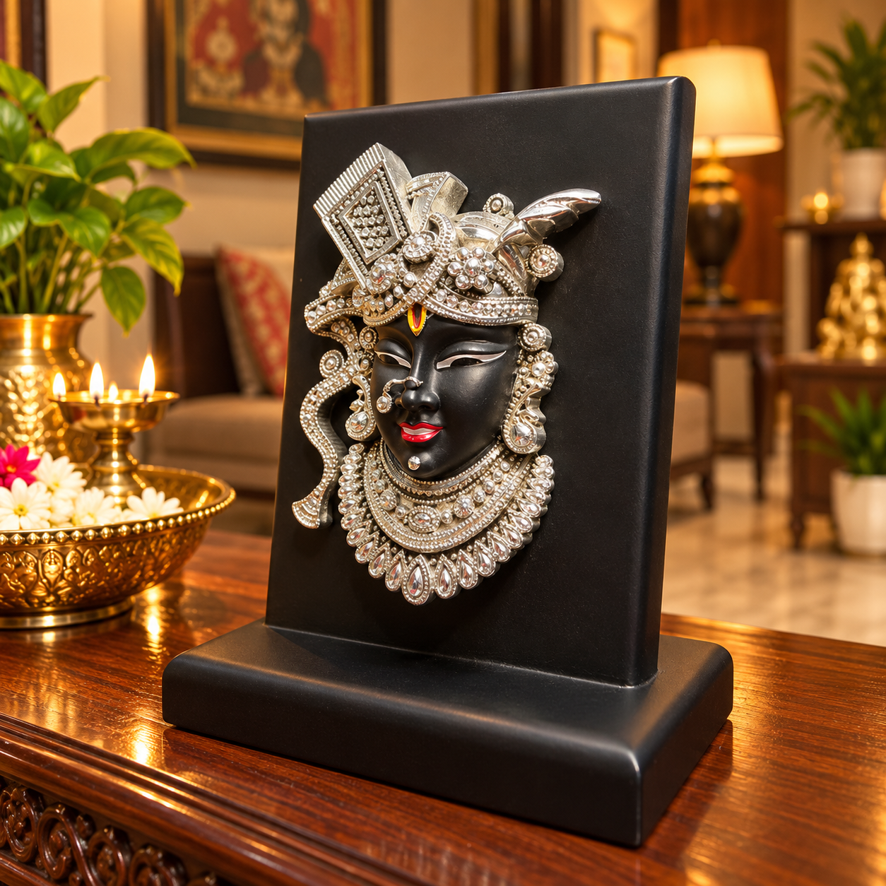Shreenath ji Silver face Wooden Stand Idol