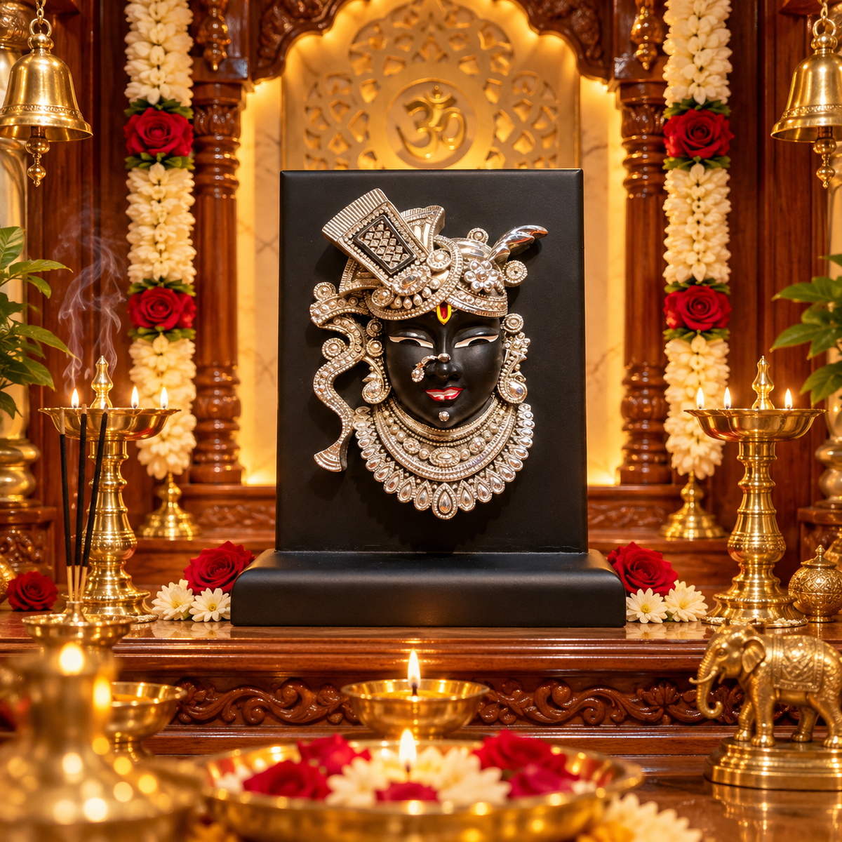 Shreenath ji Silver face Wooden Stand Idol