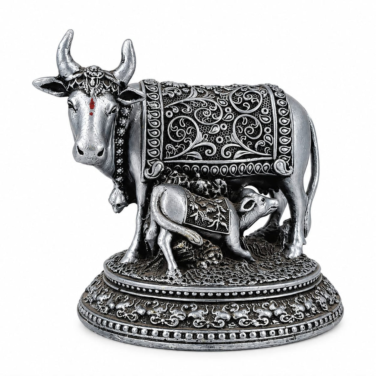 Silver Antique Kamadhenu Cow & Calf Decorative Statue