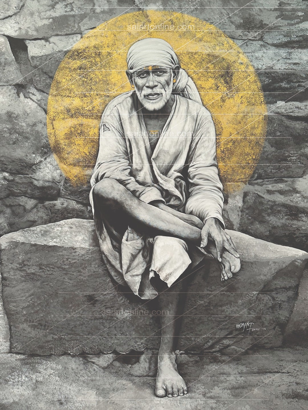 Shirdi Sai Baba Photo Sitting On Stone Hand Painting Canvas Reprint Wall Art Decor photo, Picture/Poster