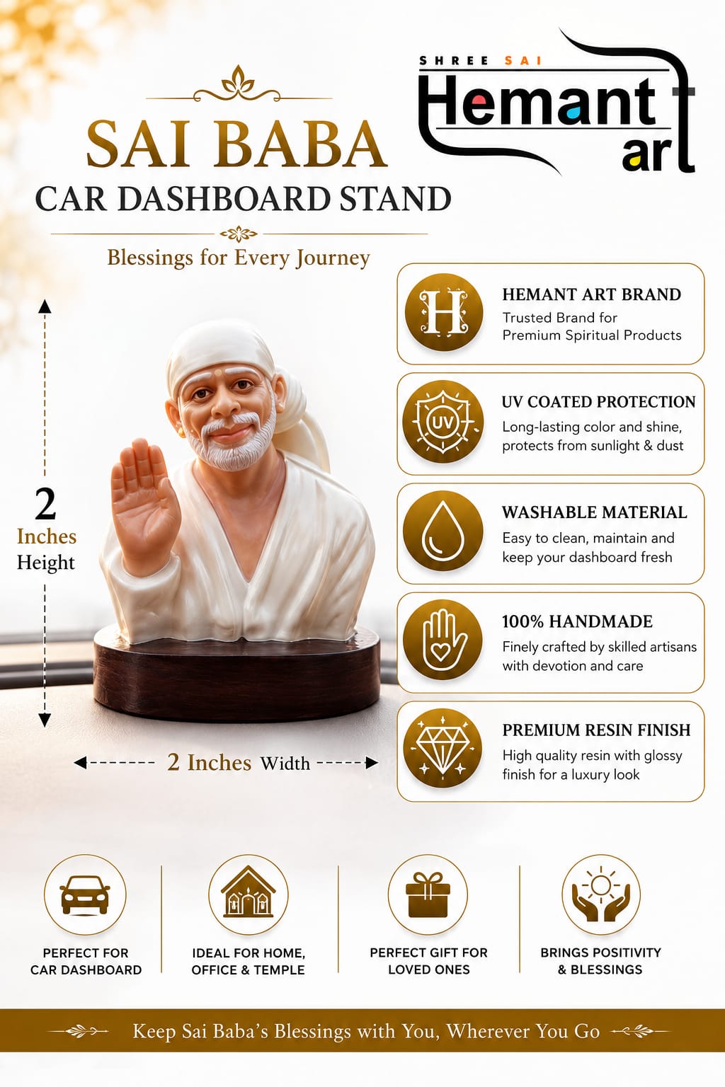 Sai Baba Idol for Car Dashboard – Premium Resin Finish | Hemant Art Shirdi