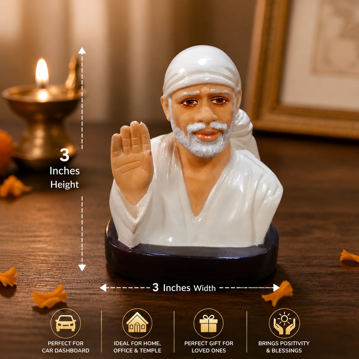 Sai Baba Idol for Car Dashboard – Premium Resin Finish | Hemant Art Shirdi
