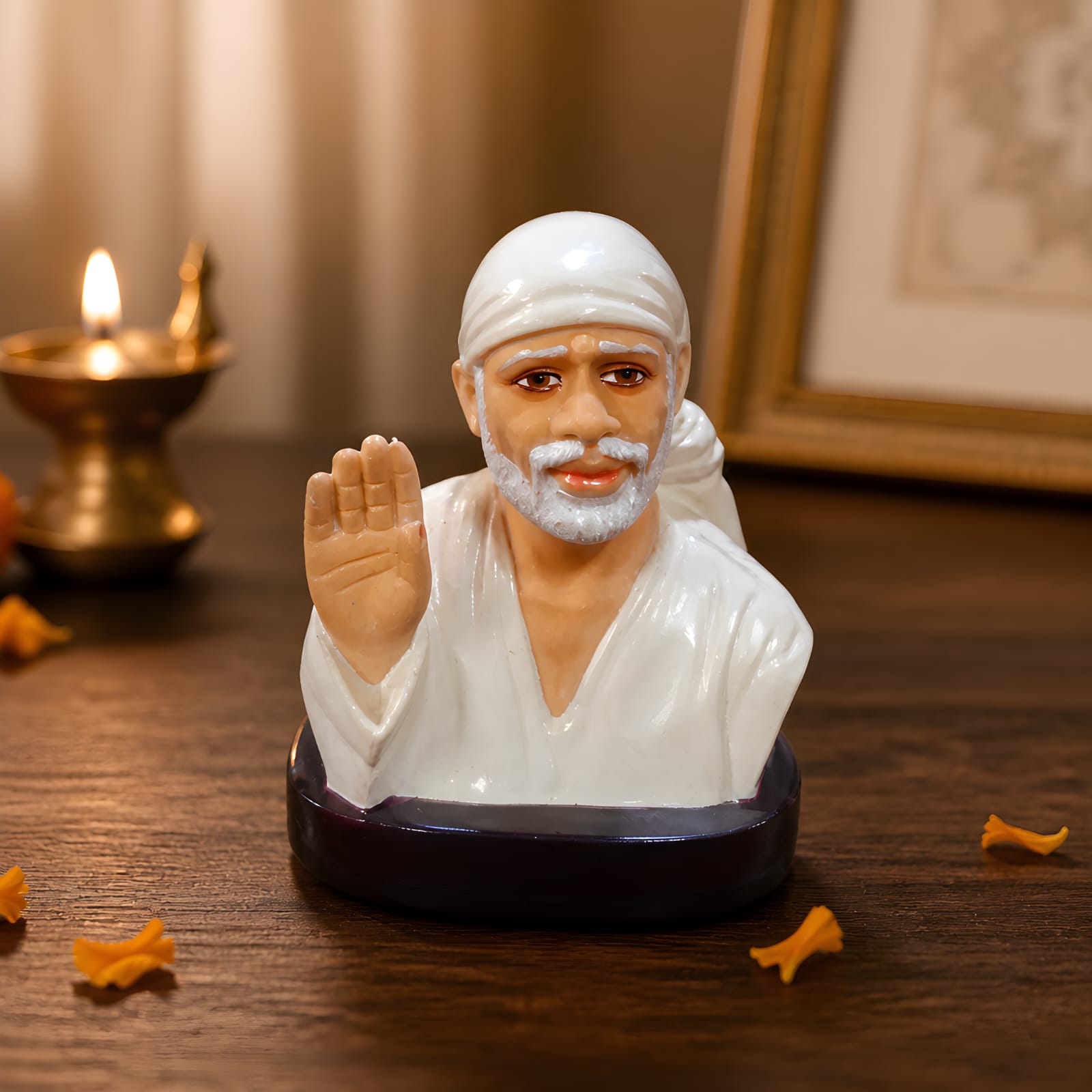 Sai Baba Idol for Car Dashboard – Premium Resin Finish | Hemant Art Shirdi