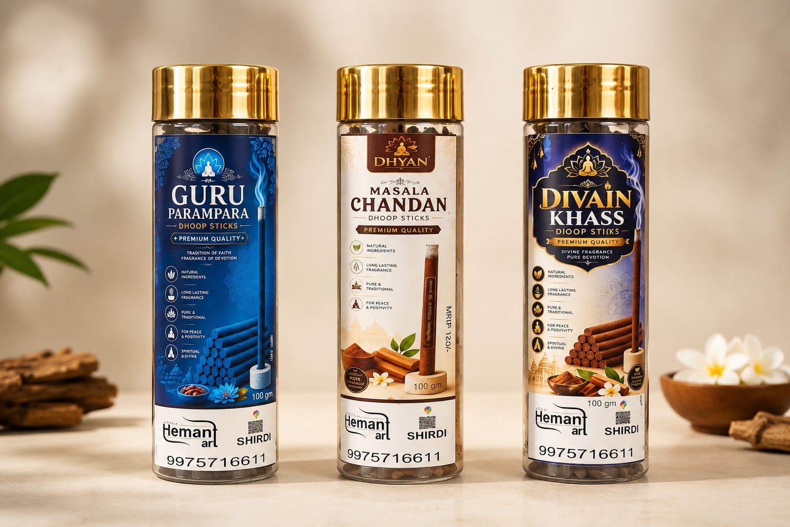 Premium Dhoop Sticks Combo Pack 300g | Guru Parampara, Masala Chandan & Divain Khass | Hemant Art