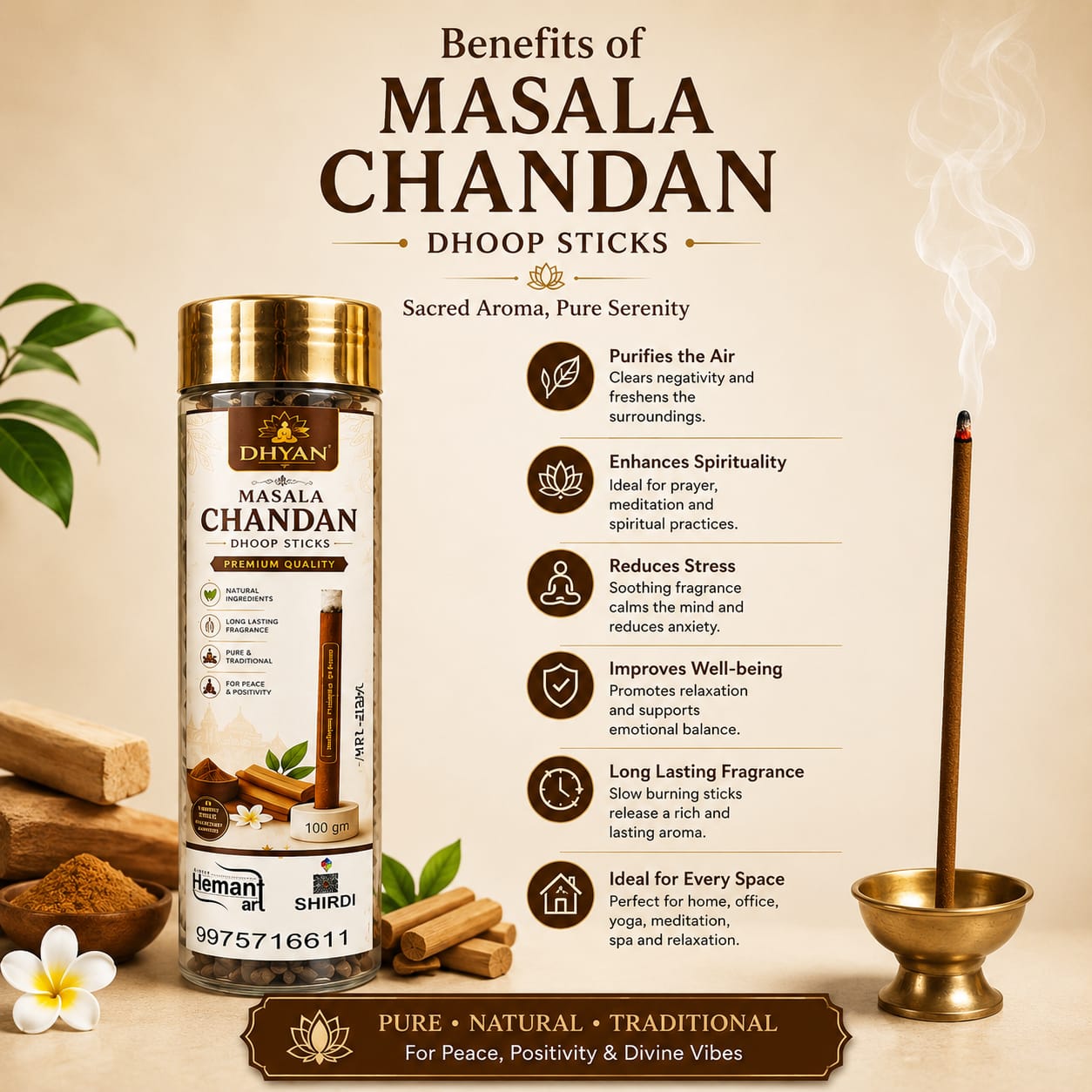 Masala Chandan Dhoop Sticks 33 Pcs | Premium Natural Dhoop for Puja & Meditation | Hemant Art