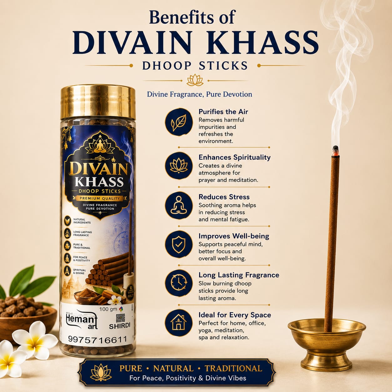 Divain Khass Dhoop Sticks 33 Pcs | Premium Natural Dhoop for Puja & Meditation | Hemant Art