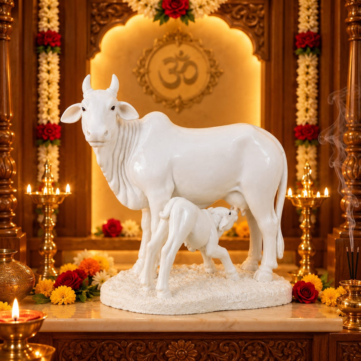White Cow & Calf Porcelain Statue