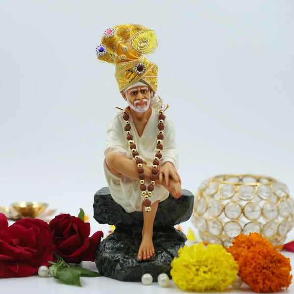 Sai Baba Idol Sitting On Stone Resin Fiber Statue - 6.5 Inch Hemant Art