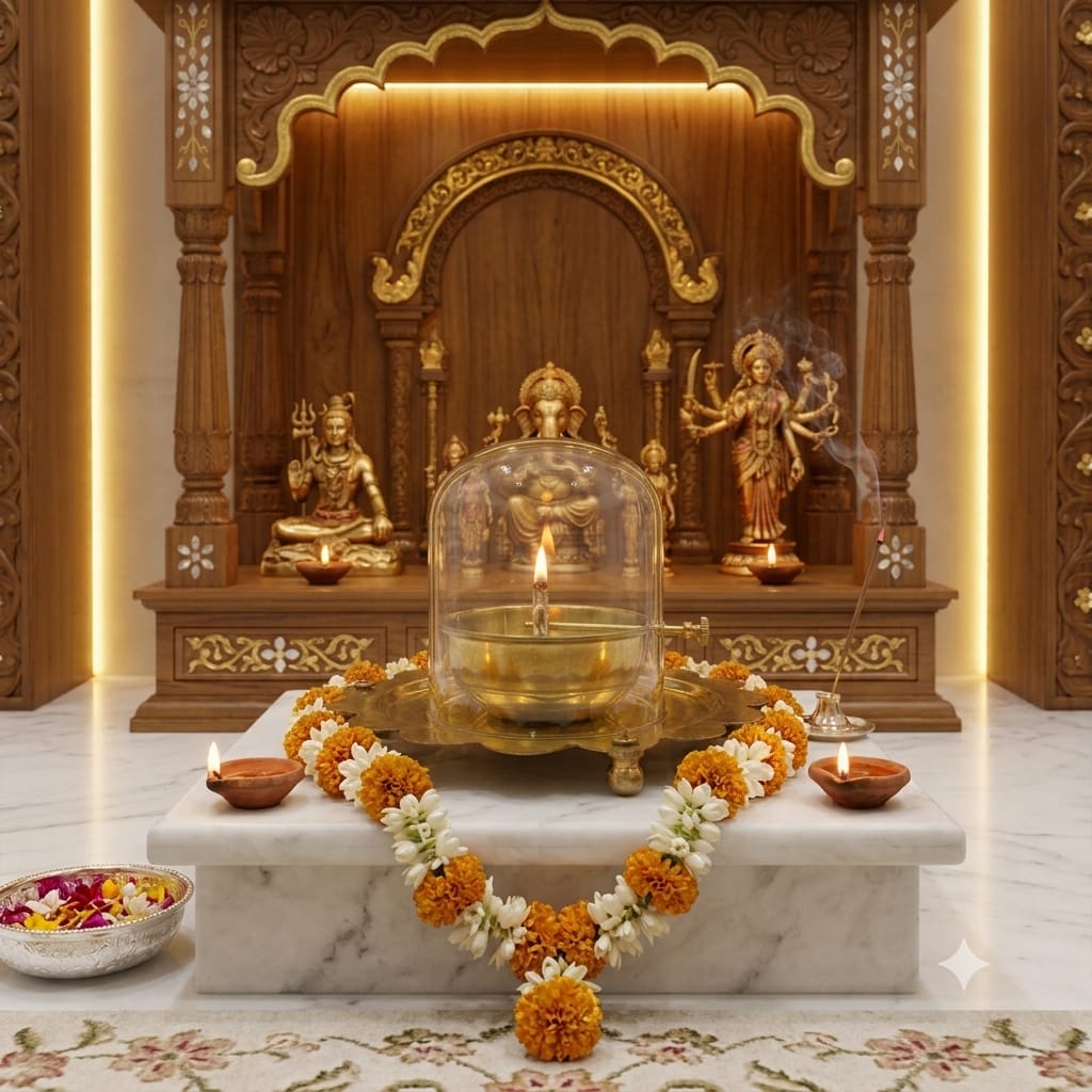 Brass Akhand Diya Big with Glass Cover