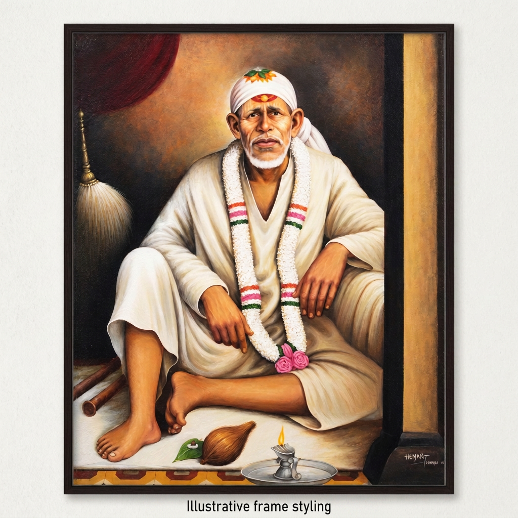Illustrative dark-frame styling for the Sai Baba Dwarkamai canvas reprint.