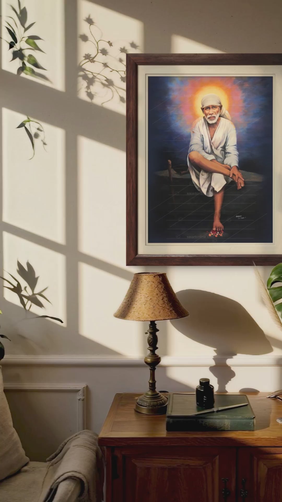 Shirdi Sai Baba Original Photo Sitting on Stone Canvas Painting | UV Coated Waterproof HD Wall Art by Hemant Art