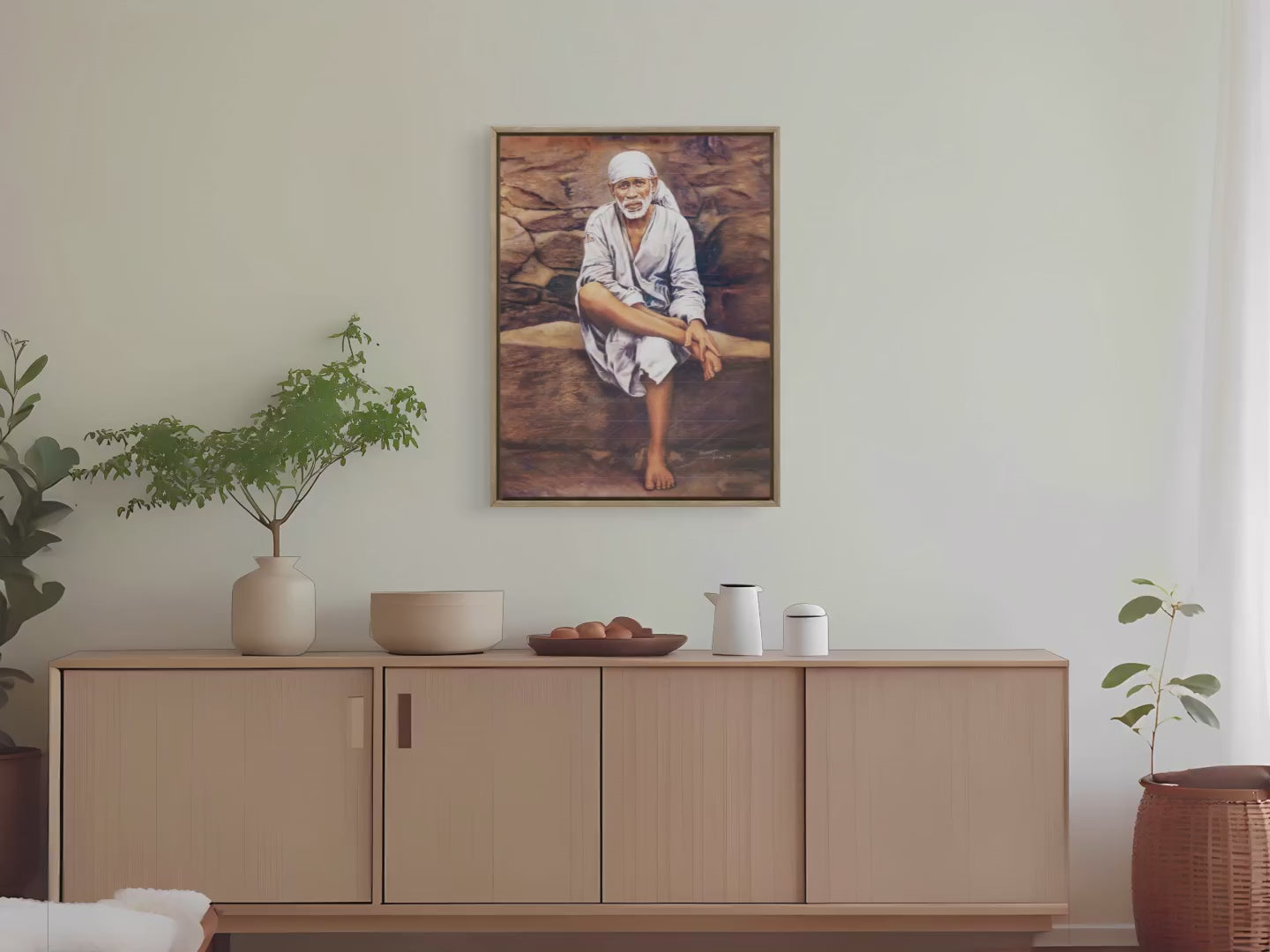 Shirdi Sai Baba Original Photo Sitting on Stone Canvas Painting | UV Coated Waterproof HD Wall Art by Hemant Art