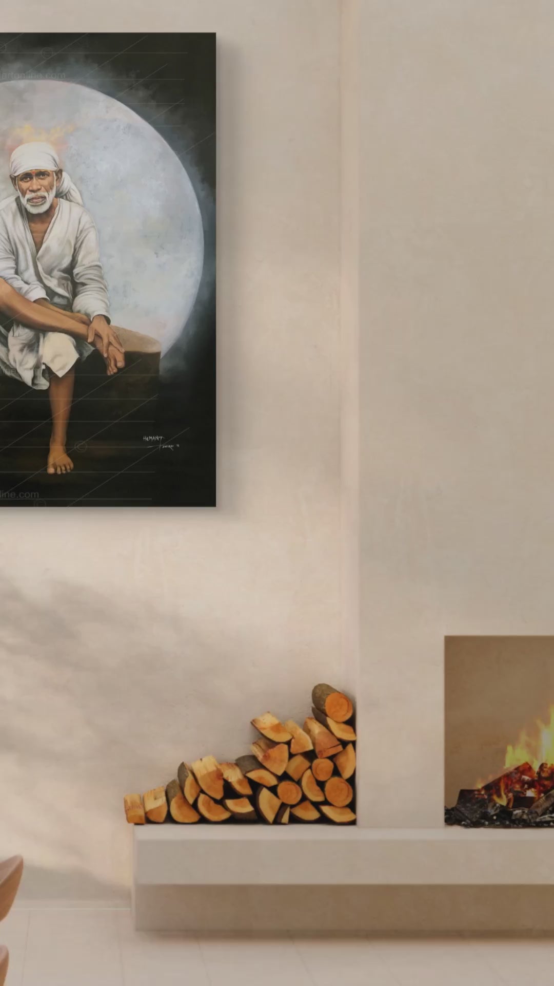 Shirdi Sai Baba Original Photo Sitting on Stone Canvas Painting | UV Coated Waterproof HD Wall Art by Hemant Art