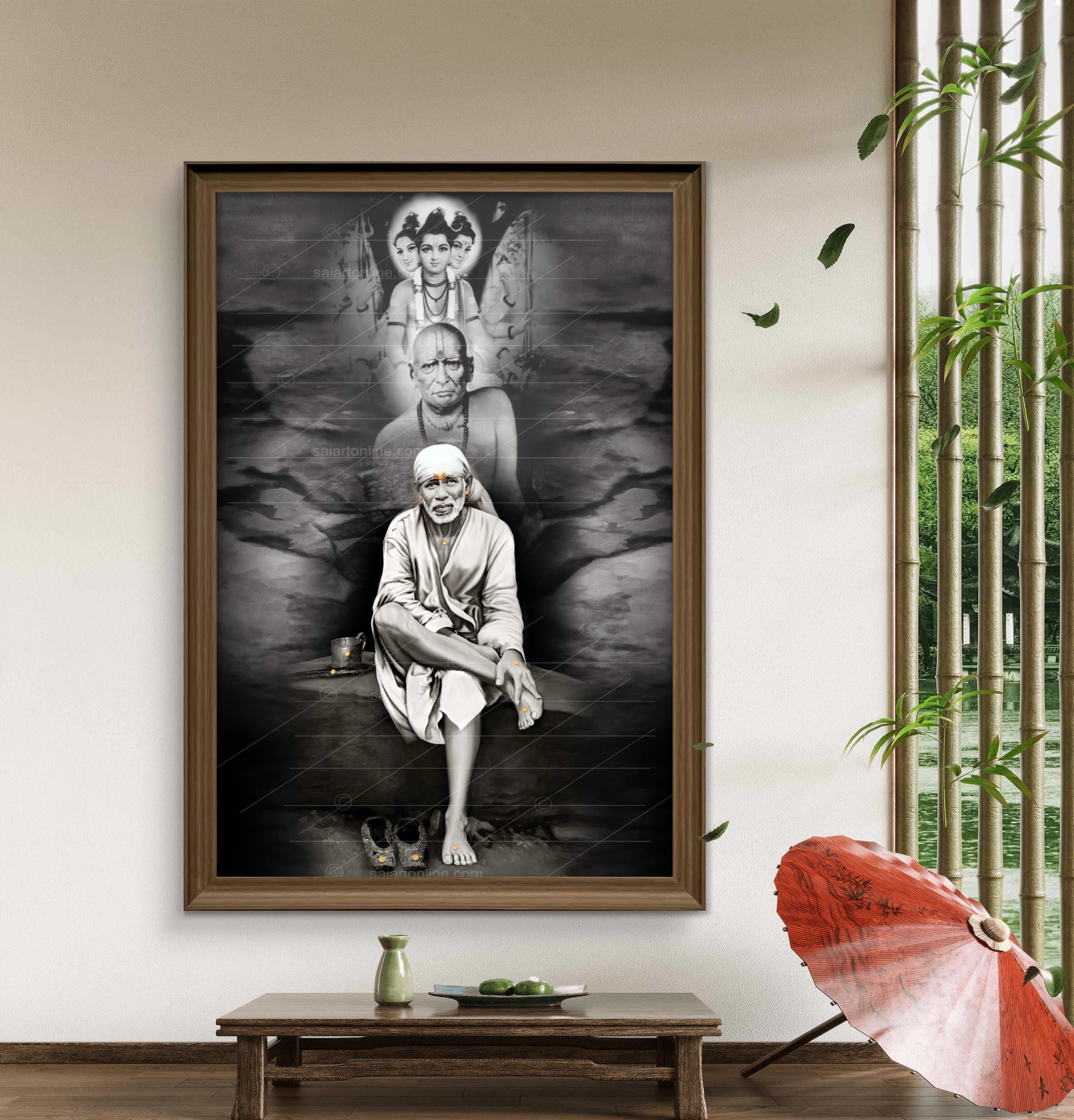 Shirdi Sai Baba Photo Sitting On Stone Hand Painting Canvas Reprint Wall Art Decor photo, Picture/Poster