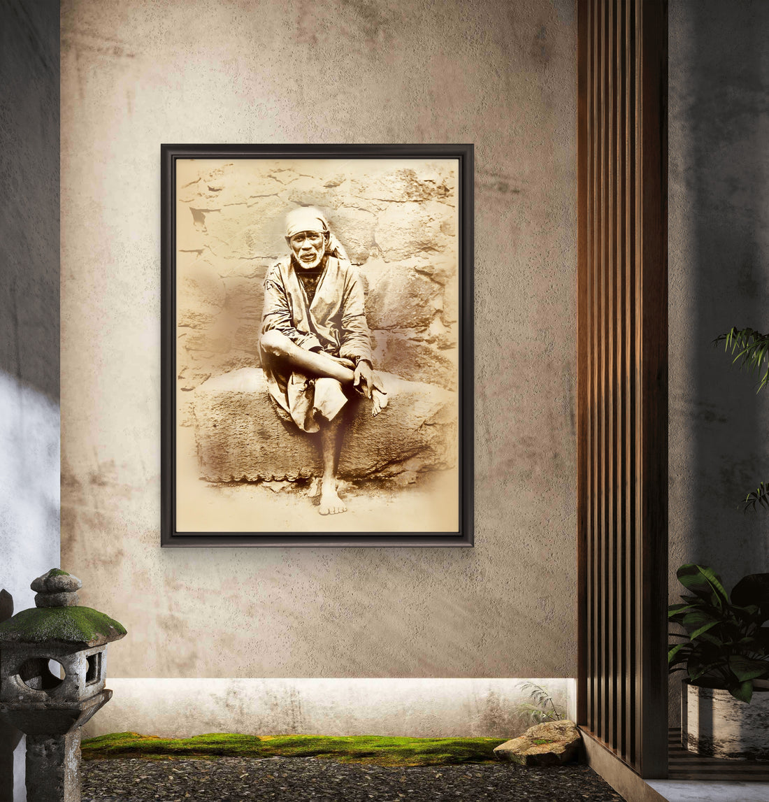 Sai Baba Original Photo Sitting on Stone Canvas Reprint | Hemant Art