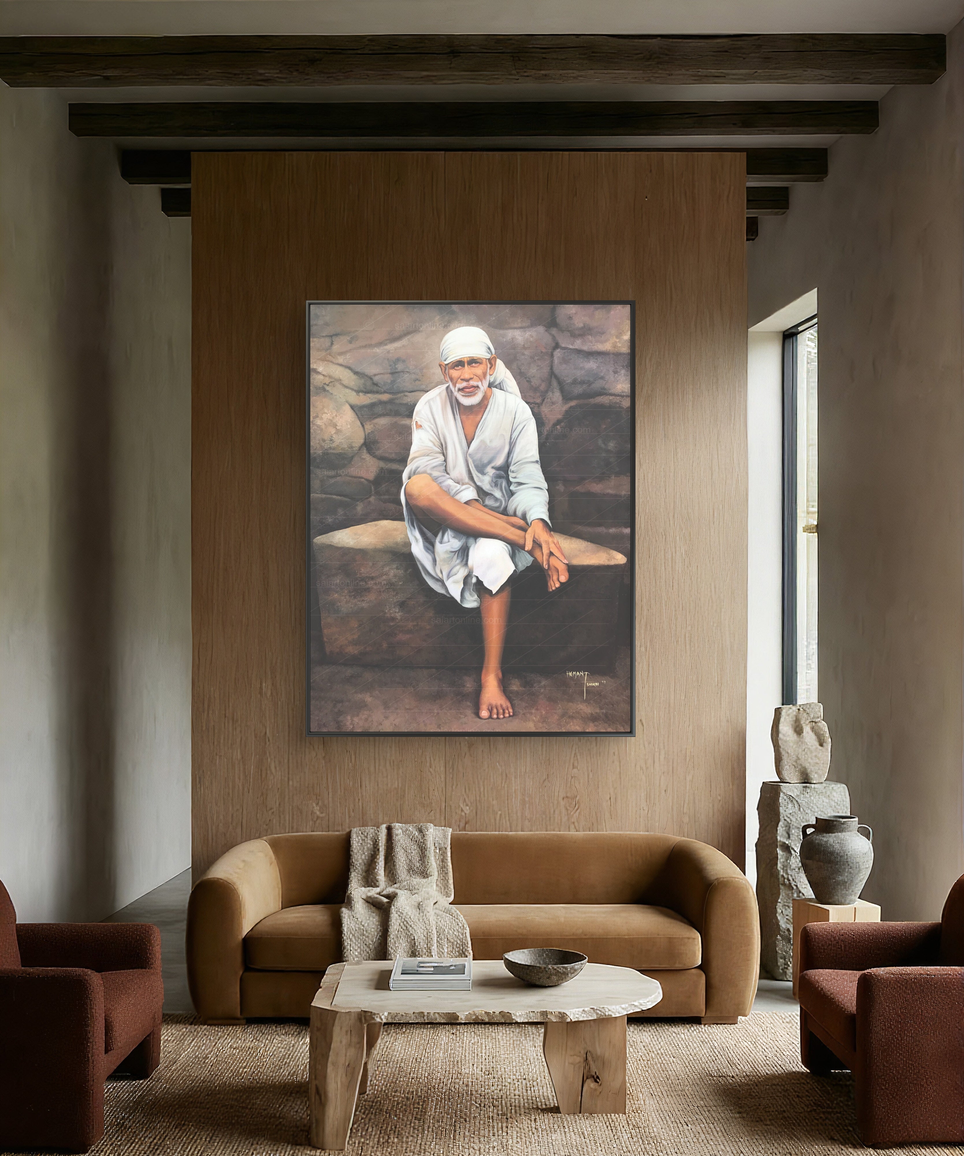 Shirdi Sai Baba Original Photo Sitting on Stone Canvas Painting | UV Coated Waterproof HD Wall Art by Hemant Art