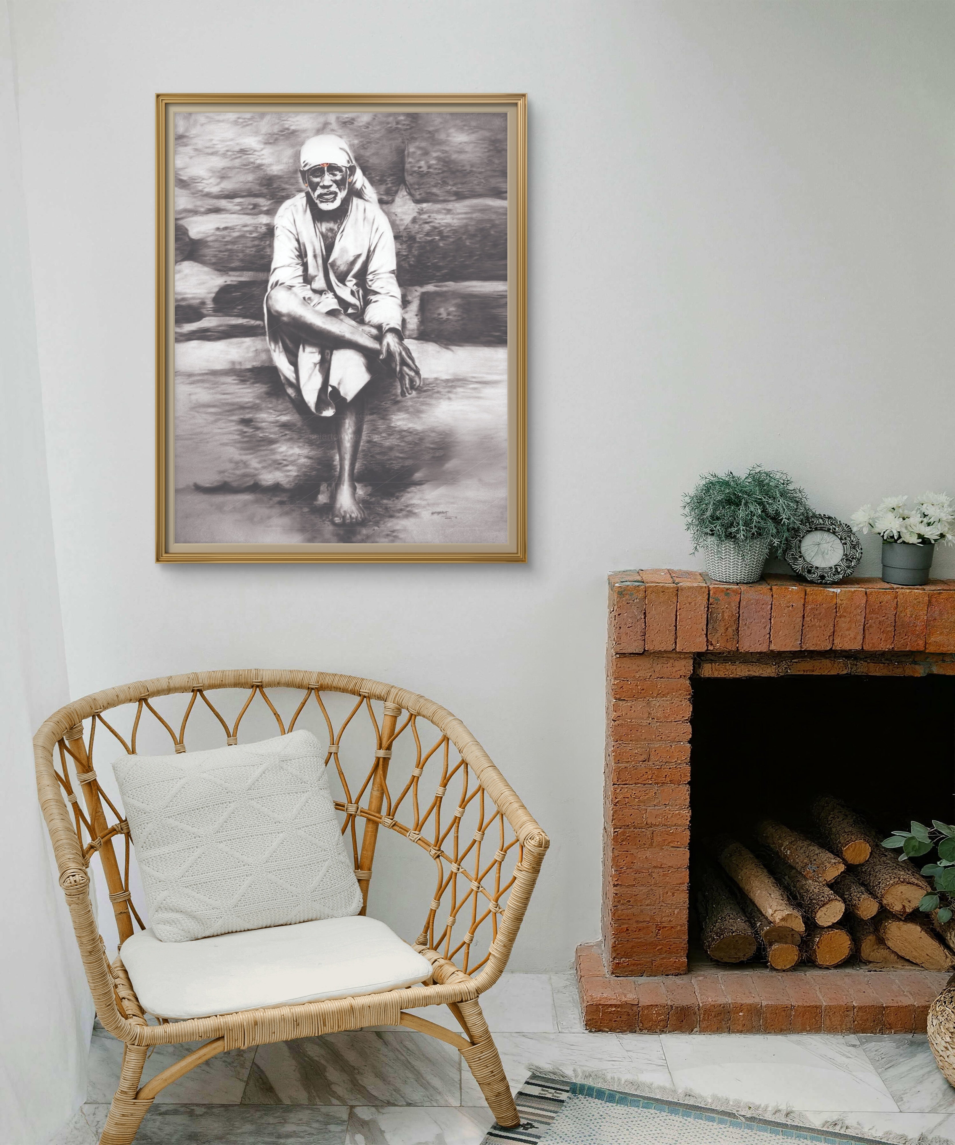 Shirdi Sai Baba Original Photo Sitting on Stone Canvas Painting | UV Coated Waterproof HD Wall Art by Hemant Art