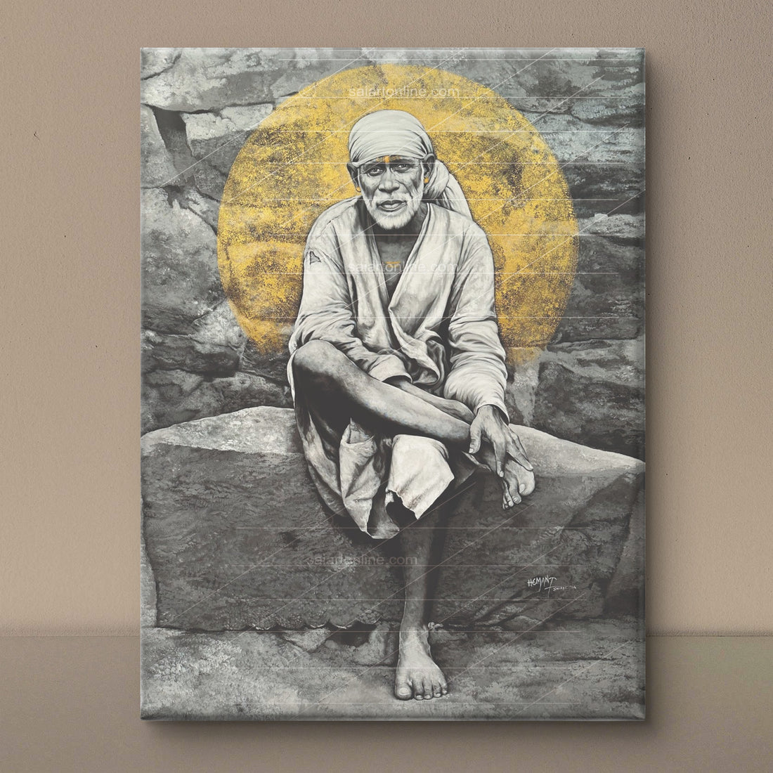 Sai Baba Original Photo Sitting on Stone Canvas Reprint | Hemant Art