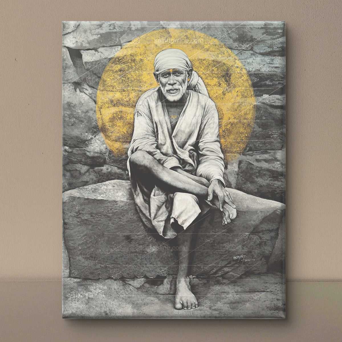 Sai Baba Original Photo Sitting on Stone Canvas Reprint | Hemant Art