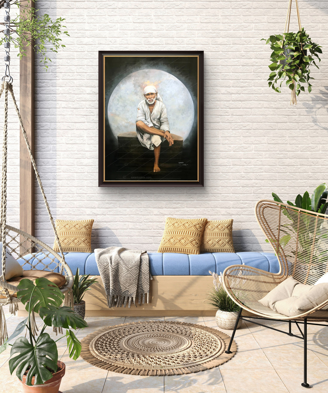 Sai Baba Original Photo Sitting on Stone Canvas Painting | Hemant Art