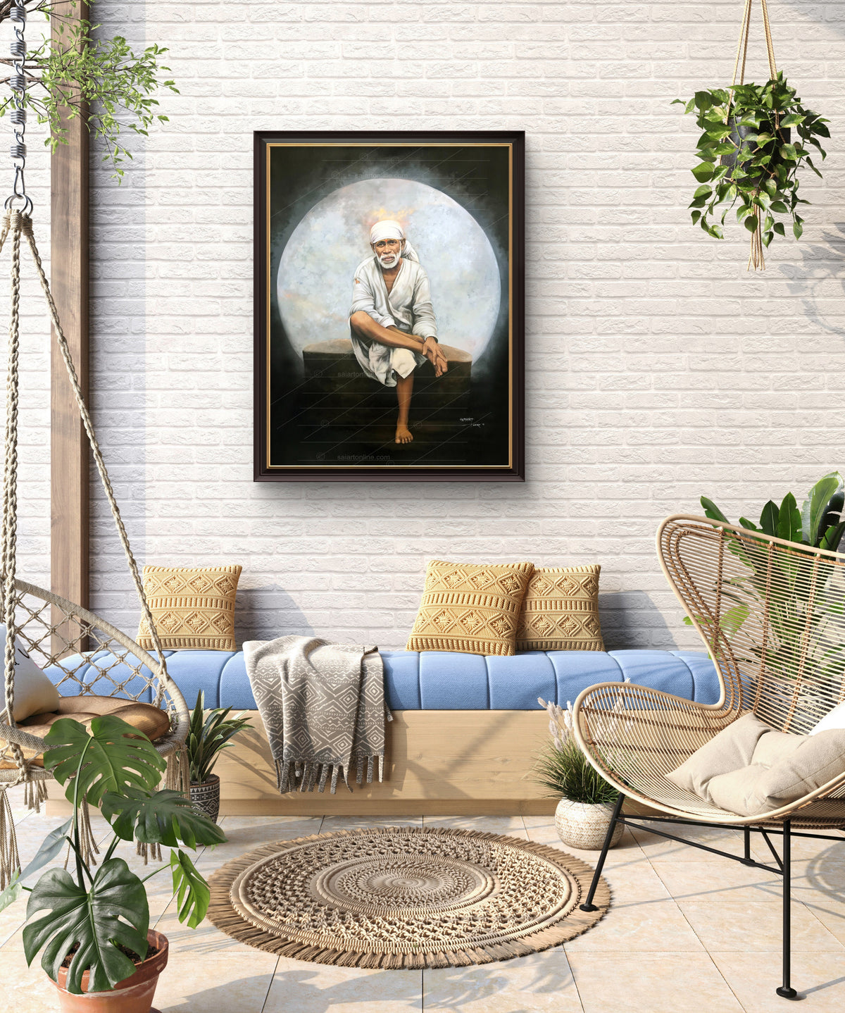Sai Baba Original Photo Sitting on Stone Canvas Painting | Hemant Art