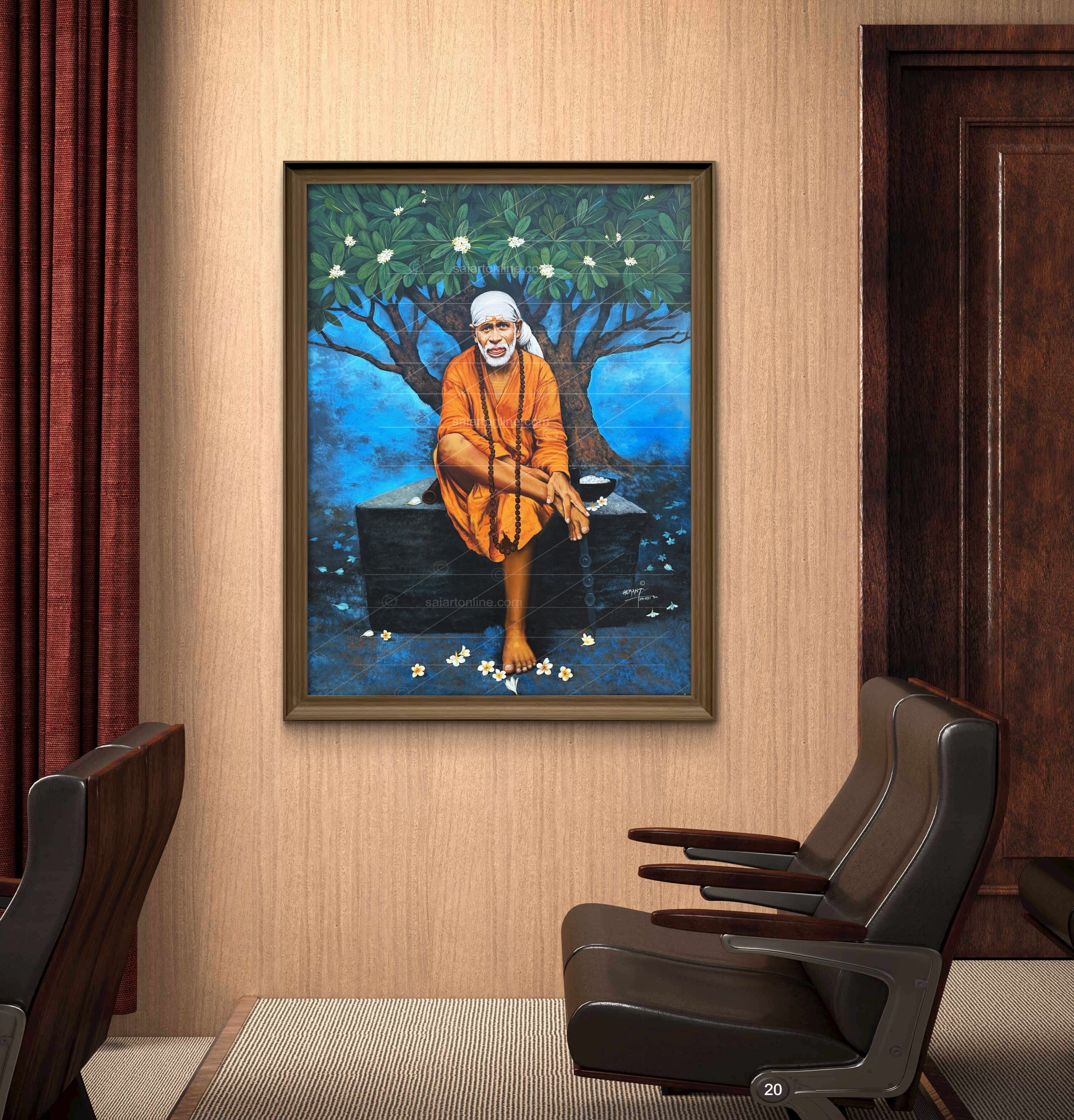 Shirdi Sai Baba Original Photo Sitting on Stone Canvas Painting | UV Coated Waterproof HD Wall Art by Hemant Art