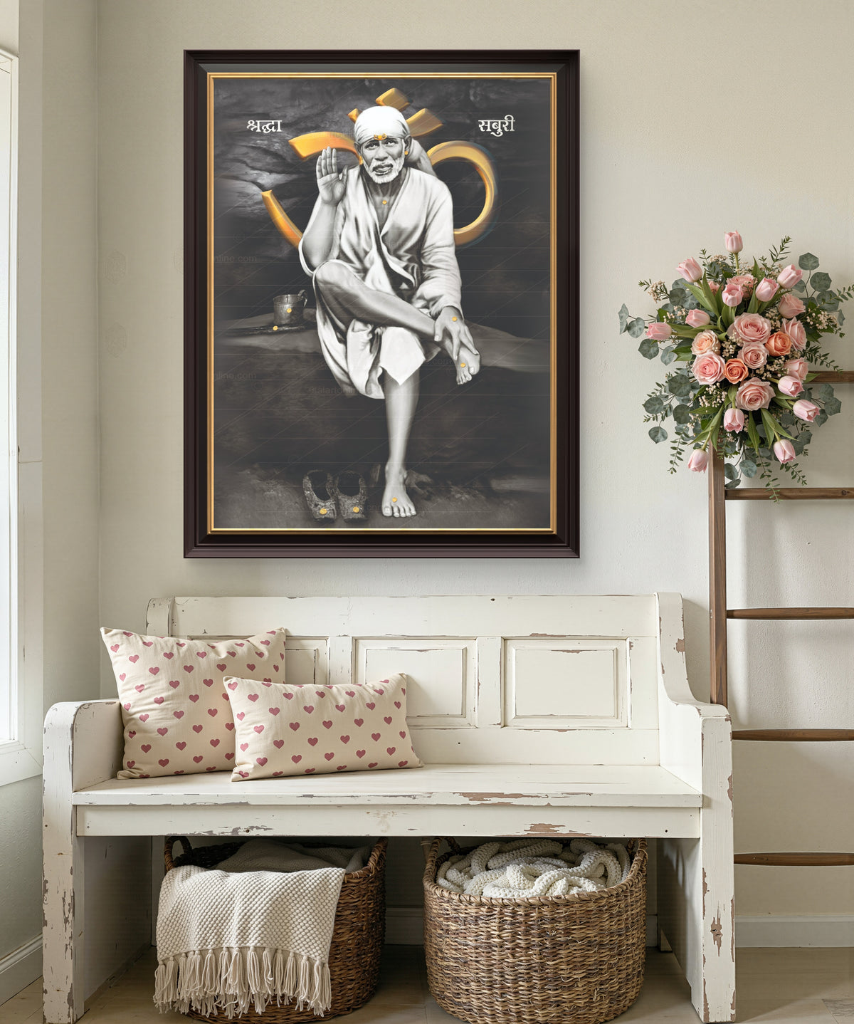 Sai Baba Original Photo Sitting on Stone Canvas Painting | Hemant Art